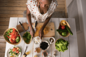 A woman prepares healthy food